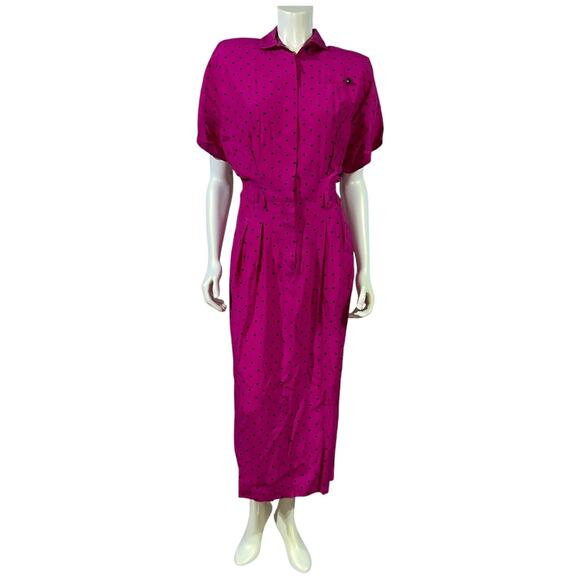 Vintage 90s HEARTS Fuchsia Polka Dot Midi Dress Button Front Career Wear Size 10 - Picture 1 of 16